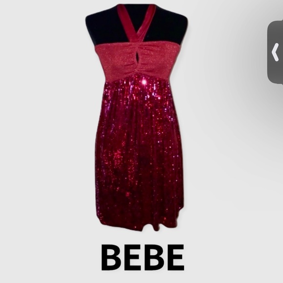 Authentic Bebe red sequins halter strapless dress sz S - Picture 1 of 7
